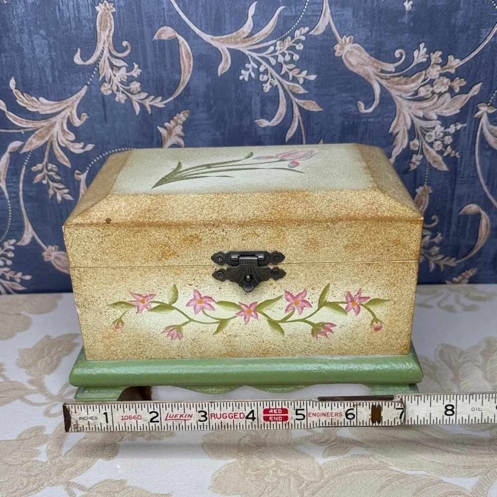 Vintage Painted Wood Jewelry Box Trinket Box Chest with Pale Pink Flowers